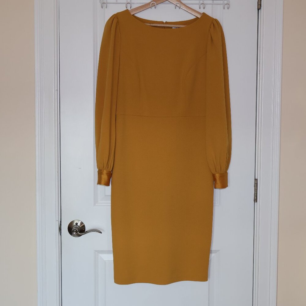 Calvin Klein gold boat neck sheath dress puff shoulder long sleeve Small/Medium